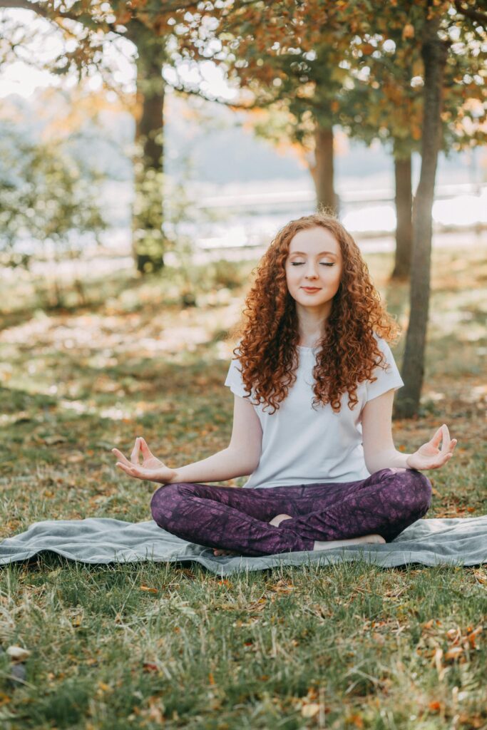 "Woman practicing digital mindfulness with guided meditation"